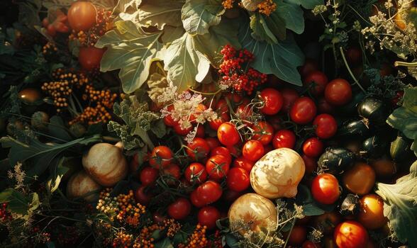 ai generated harvest of fresh organic vegetables on the table selective focus nature top view photo