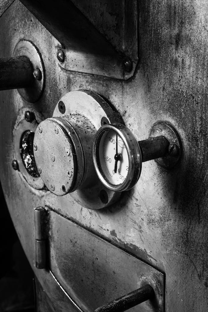 Detailed black and white photo of a coffee roaster machine gauge depicting industrial coffee processing.